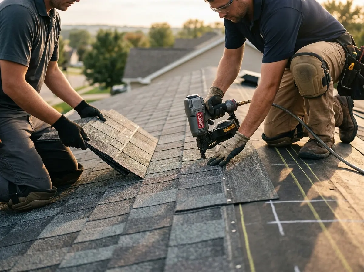 Professional roofer working on a residential roof in Trophy Club